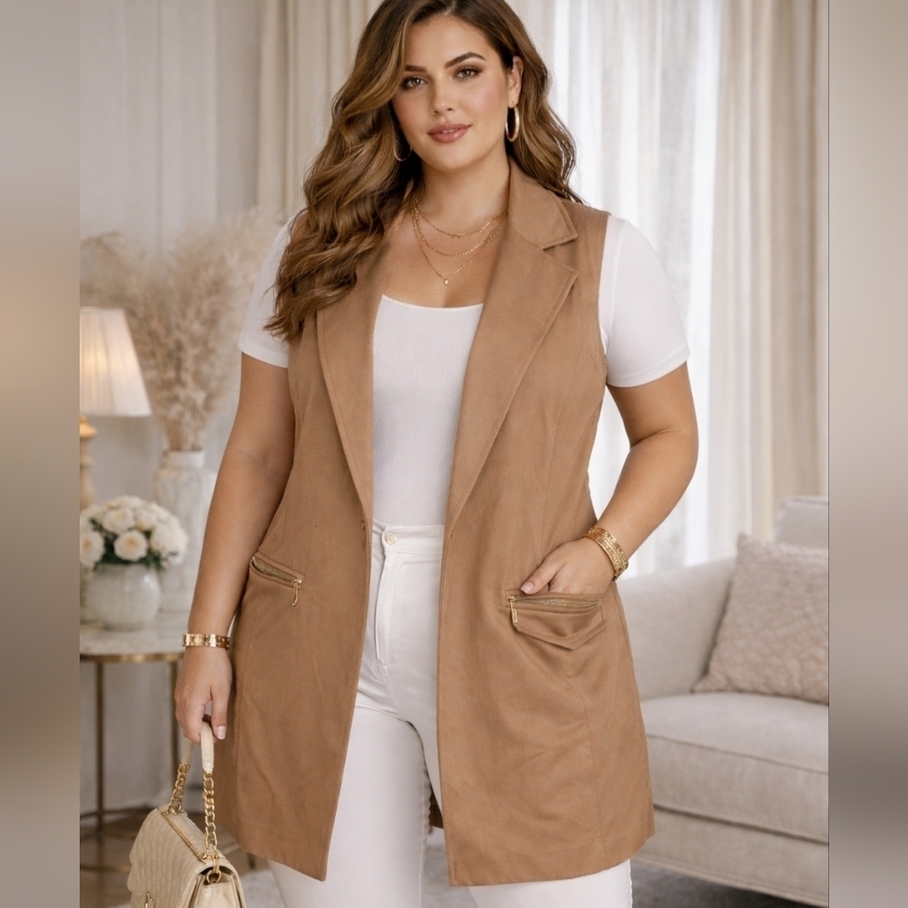 Chico's Tan Sleeveless Blazer Vest with Gold Zips
